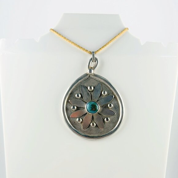Artisan Jewelry - Flower Power Vintage 1970s Handmade Sterling Silver and Turquoise Pendant
